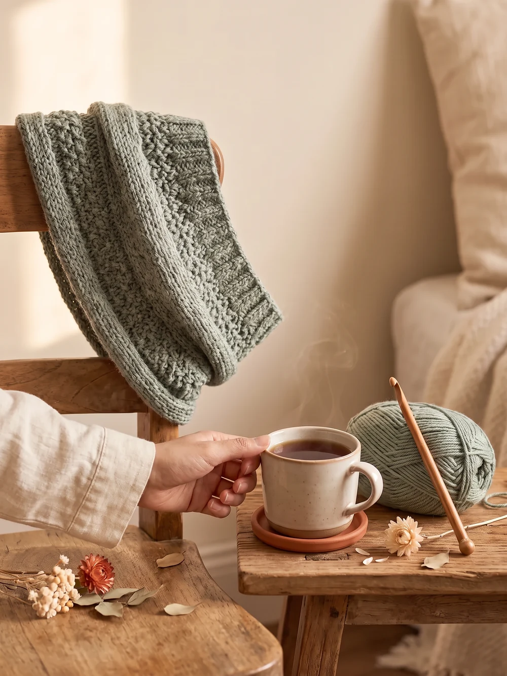椅子の背にかけたセージ色のスヌードとお茶