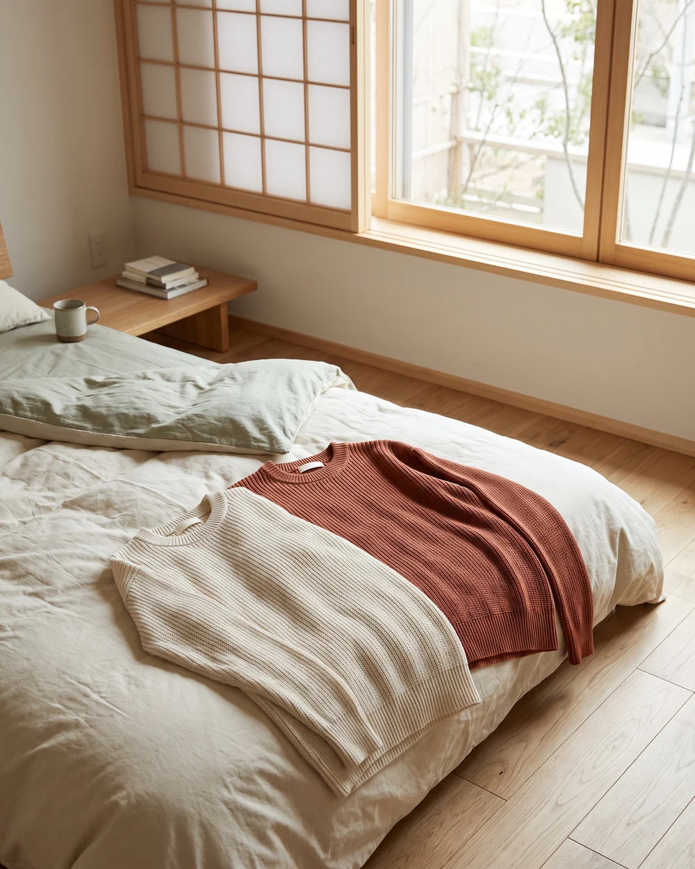 ベッドの上に並んだ、編み上がった2着のセーター