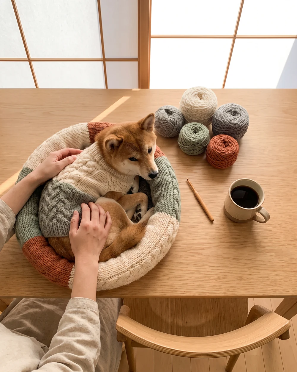 ペット用のニットを着た犬と、小さな毛糸のベッド